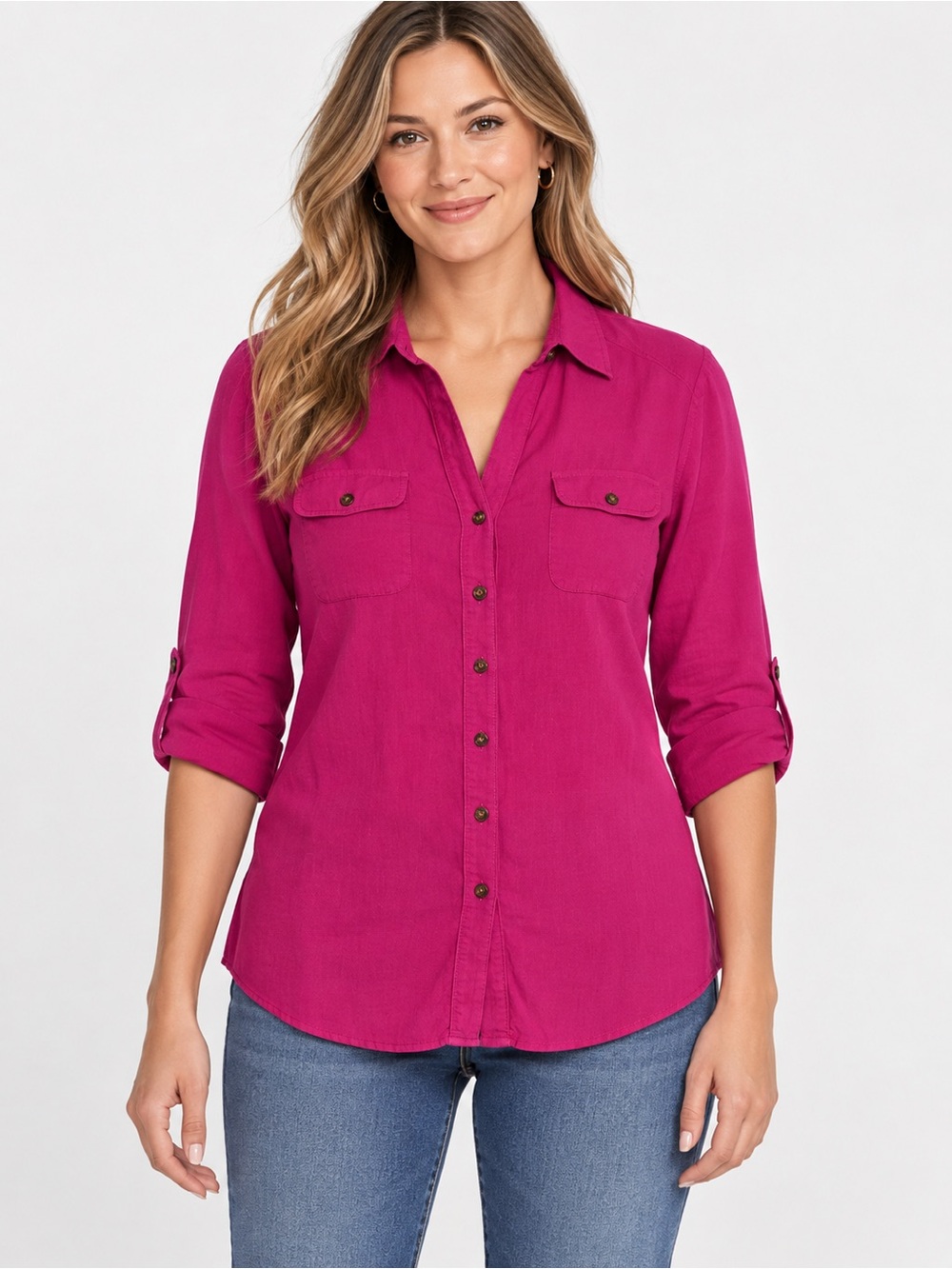 Soft Surroundings Women’s S Pink Linen Rayon Collared Roll Tab 3/4 Button-Up